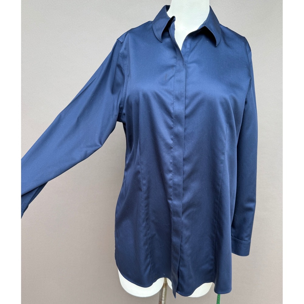 Chicos 2 Navy Blue No Iron Cotton Sateen Button Down Shirt Tunic Large 12 Office